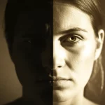 Ritratto fotografico concettuale, obiettivo 50mm, una persona divisa a metà: un lato in ombra profonda con espressione tesa e critica (stile film noir, bianco e nero), l'altro lato illuminato da una luce calda e morbida con un'espressione serena e gentile (toni caldi, duotone ocra e crema), profondità di campo media per mantenere a fuoco entrambi i lati, simboleggia la lotta e l'equilibrio tra autocritica e autocompassione.