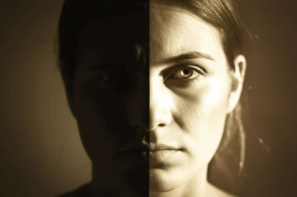 Ritratto fotografico concettuale, obiettivo 50mm, una persona divisa a metà: un lato in ombra profonda con espressione tesa e critica (stile film noir, bianco e nero), l'altro lato illuminato da una luce calda e morbida con un'espressione serena e gentile (toni caldi, duotone ocra e crema), profondità di campo media per mantenere a fuoco entrambi i lati, simboleggia la lotta e l'equilibrio tra autocritica e autocompassione.