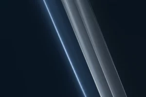 Visualizzazione astratta di dati panel che si dividono in due percorsi luminosi su sfondo scuro, uno rappresenta il risultato osservato (trattamento) e l'altro il controfattuale non osservato, con colori blu e grigio duotone, obiettivo 35mm, profondità di campo.