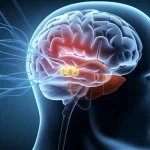 Immagine concettuale che mostra un fegato con segni di steatosi (accumulo di grasso) collegato tramite percorsi neurali stilizzati a un cervello umano. Focus nitido sul fegato e sul cervello, sfondo sfocato. Illuminazione drammatica laterale, obiettivo 50mm, alta definizione, per simboleggiare il legame tra malattia epatica steatosica (MASLD, MetALD) e demenza.