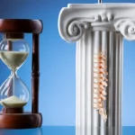 Immagine concettuale di una clessidra posizionata accanto a una colonna vertebrale modello anatomico con segni di deformità (scoliosi), simboleggiando l'importanza del tempo nella gestione della deformità spinale adulta, illuminazione da studio controllata, lente 50mm, sfondo sfocato per mettere in risalto gli oggetti.