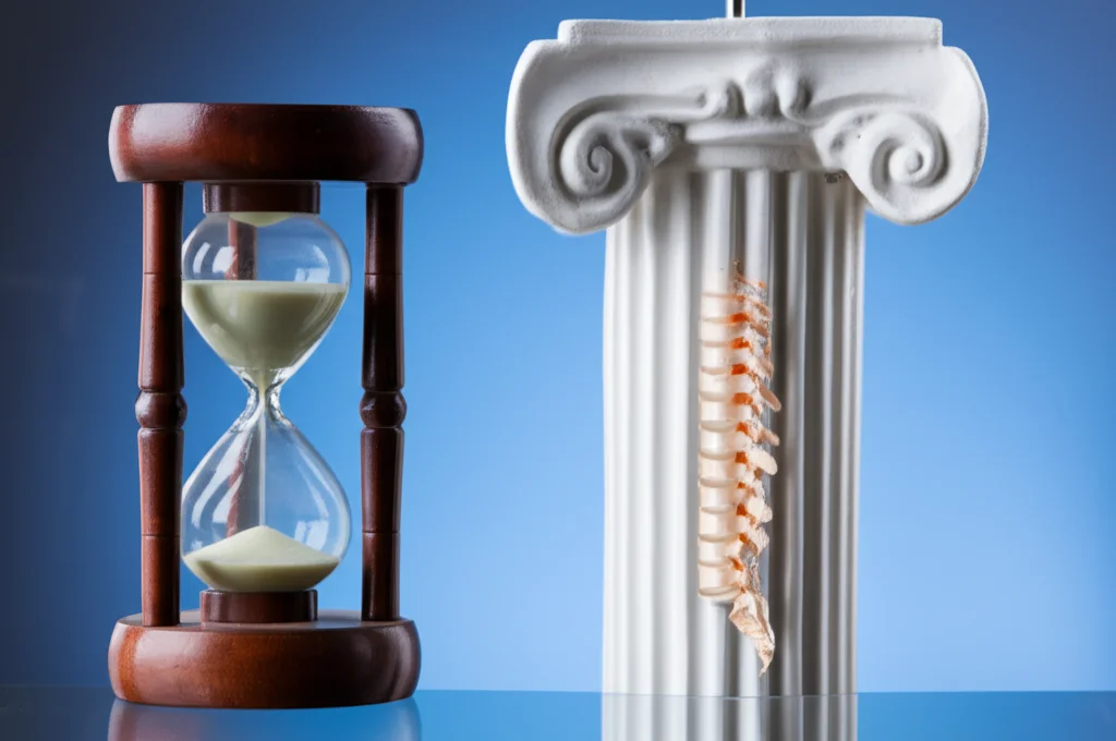 Immagine concettuale di una clessidra posizionata accanto a una colonna vertebrale modello anatomico con segni di deformità (scoliosi), simboleggiando l'importanza del tempo nella gestione della deformità spinale adulta, illuminazione da studio controllata, lente 50mm, sfondo sfocato per mettere in risalto gli oggetti.