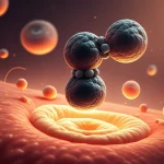 Immagine concettuale vibrante di una molecola di Coenzima Q10 che fluttua sopra cellule della pelle luminose ed energiche, proteggendole da radicali liberi stilizzati. Macro lens 90mm, high detail, precise focusing, illuminazione calda e controllata che suggerisce salute e vitalità.