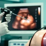 Immagine fotorealistica di un medico che esegue una broncoscopia avanzata; in primo piano le mani guantate che manovrano il broncoscopio flessibile inserito in un modello polmonare trasparente, mentre sullo sfondo sfocato si vede un monitor che mostra l'immagine ecografica radiale in tempo reale della sonda all'interno di una lesione. Illuminazione da sala endoscopica, profondità di campo, lente 35mm, dettagli nitidi sugli strumenti.