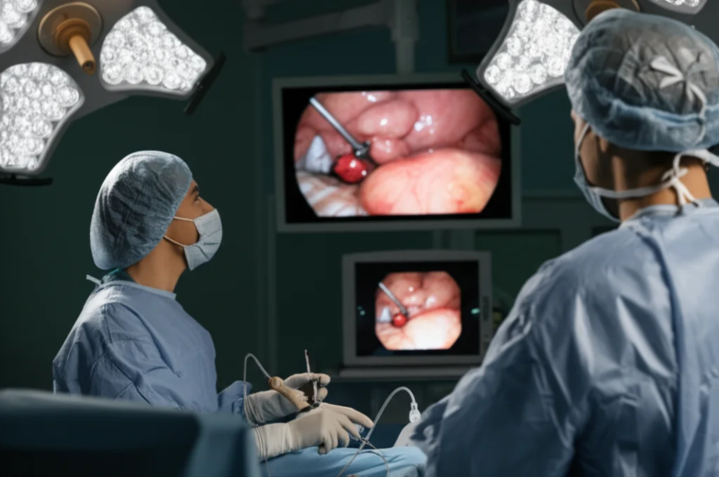 Immagine fotorealistica di un team chirurgico in sala operatoria durante una gastrectomia laparoscopica. Si vede il chirurgo principale concentrato sugli strumenti e sul monitor che mostra una vista ingrandita dell'interno dell'addome con il tumore gastrico. Luce chirurgica intensa focalizzata sul campo operatorio, alta definizione, lente prime 35mm, profondità di campo che mantiene a fuoco il chirurgo e il monitor, sfocando leggermente il resto della sala.