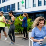 Immagine fotorealistica grandangolare di diverse persone (diverse età ed etnie) che utilizzano vari dispositivi wearable (smartwatch, fitness tracker) nella vita quotidiana - uno fa jogging, uno lavora al computer, uno si rilassa. Sullo sfondo, un moderno edificio ospedaliero con un logo discreto ma positivo. Obiettivo grandangolare 24mm, luce diurna naturale, messa a fuoco nitida su persone e dispositivi, l'ospedale leggermente sfocato ma riconoscibile.