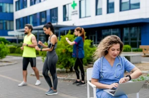 Immagine fotorealistica grandangolare di diverse persone (diverse età ed etnie) che utilizzano vari dispositivi wearable (smartwatch, fitness tracker) nella vita quotidiana - uno fa jogging, uno lavora al computer, uno si rilassa. Sullo sfondo, un moderno edificio ospedaliero con un logo discreto ma positivo. Obiettivo grandangolare 24mm, luce diurna naturale, messa a fuoco nitida su persone e dispositivi, l'ospedale leggermente sfocato ma riconoscibile.