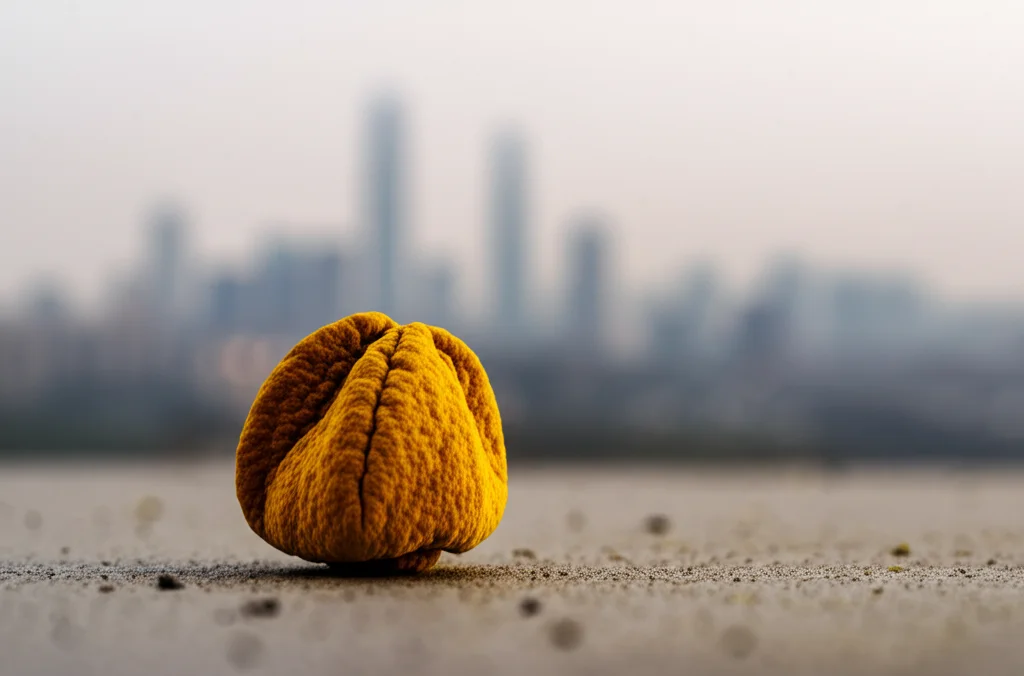 Immagine fotorealistica, obiettivo macro, 100mm: Un singolo granulo di polline di Cupressaceae ingrandito, posato su una superficie sottilmente ricoperta di sporco urbano (particelle di PM2.5), sfondo leggermente sfocato che mostra uno skyline nebbioso di Pechino, messa a fuoco precisa, illuminazione controllata.