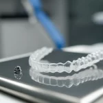 Immagine fotorealistica, obiettivo prime 50mm, profondità di campo. Sfondo di una clinica dentale moderna ed elegante, leggermente sfocato. In primo piano, un allineatore trasparente riposa accanto a un piccolo componente dentale metallico stampato in 3D, ingegnerizzato con precisione, su un vassoio sterile. Illuminazione soffusa e professionale che evidenzia le texture.