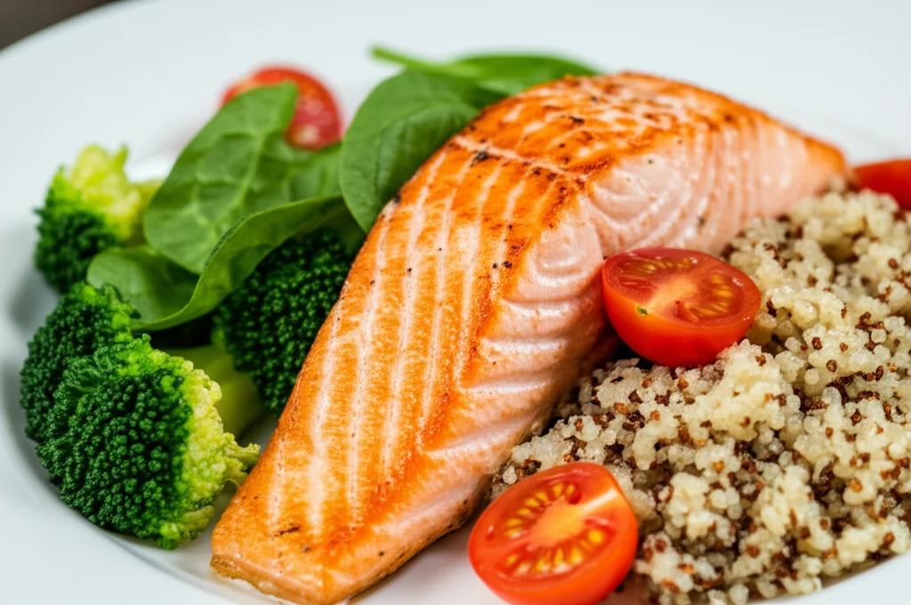 Primo piano di un piatto colorato e salutare simbolo di una dieta anti-infiammatoria: salmone grigliato adagiato su un letto di quinoa, accompagnato da broccoli al vapore, pomodorini ciliegino tagliati a metà e qualche foglia di spinacio fresco. Macro lens, 100mm, high detail, precise focusing sul salmone e le verdure, controlled lighting dall'alto leggermente laterale per creare ombre morbide, sfondo neutro sfocato.