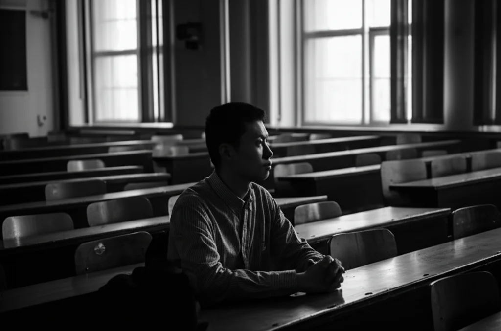 Ritratto fotografico in stile film noir di uno studente cinese pensieroso, seduto da solo in un'aula universitaria vuota, luce drammatica che entra dalla finestra, obiettivo 35mm, bianco e nero con forte contrasto, profondità di campo che isola il soggetto.