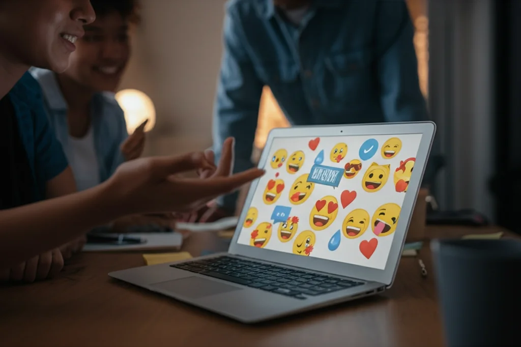 Un gruppo diversificato di giovani della Generazione Z interagisce felicemente con uno schermo di laptop che mostra una campagna di marketing online piena di emoji colorate e accattivanti. Fotografia di ritratto con obiettivo 35mm, profondità di campo ridotta per focalizzare sui volti sorridenti ed espressivi, luce ambientale calda.