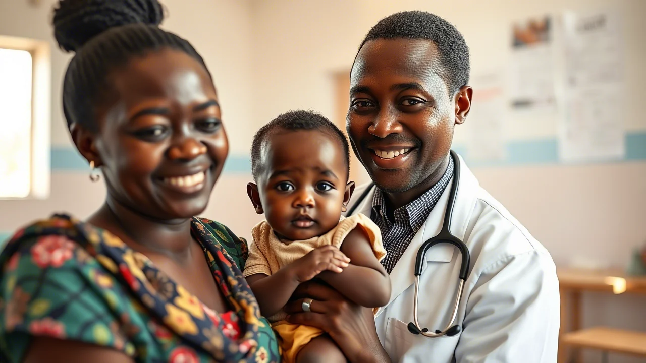 Un medico keniota sorridente visita un bambino piccolo tenuto in braccio dalla madre in un ambulatorio luminoso e pulito. Obiettivo 50mm, profondità di campo che sfoca leggermente lo sfondo, luce naturale laterale, scena che trasmette cura e attenzione sanitaria in Africa.