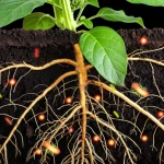 Un'immagine concettuale che mostra la pianta Datura metel L. con le radici immerse nel terreno della rizosfera, da cui emerge una rappresentazione stilizzata del batterio Bacillus velezensis DM che rilascia composti bioattivi luminosi. Fotografia macro, obiettivo 70mm, alta definizione, illuminazione suggestiva che enfatizza l'interazione pianta-microbo.