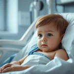 Fotografia realistica di un bambino piccolo (circa 2-3 anni) in un letto d'ospedale, confortato da un genitore o da un'infermiera pediatrica. Atmosfera calma ma con un senso di preoccupazione medica sottile. Obiettivo 50mm, luce naturale dalla finestra, profondità di campo media per includere sia il bambino che la figura confortante.