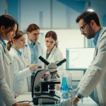Gruppo di studenti di medicina che lavorano insieme in un laboratorio moderno e luminoso, alcuni guardano al microscopio, altri discutono davanti a uno schermo con dati scientifici. Atmosfera di collaborazione e scoperta. 35mm portrait, depth of field, luce naturale.