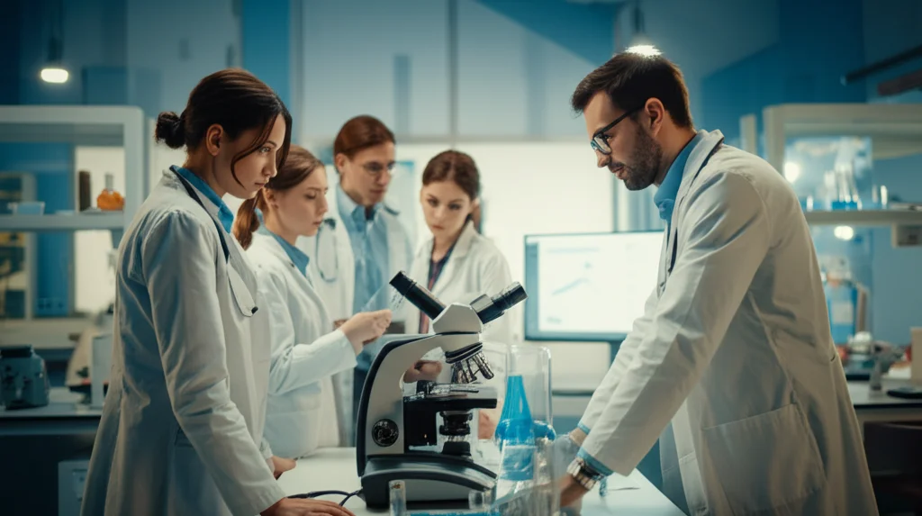 Gruppo di studenti di medicina che lavorano insieme in un laboratorio moderno e luminoso, alcuni guardano al microscopio, altri discutono davanti a uno schermo con dati scientifici. Atmosfera di collaborazione e scoperta. 35mm portrait, depth of field, luce naturale.