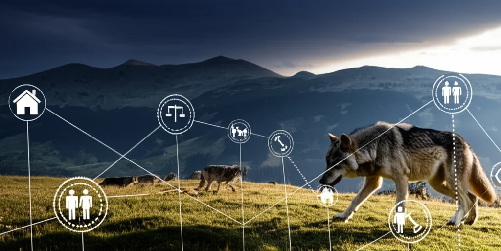 Immagine composita che fonde un paesaggio naturale montano con lupi che si muovono liberamente e una sovrapposizione semitrasparente di dati spaziali e icone rappresentanti fattori sociali (persone stilizzate, case, simboli di leggi, strade). Obiettivo grandangolare 20mm, messa a fuoco nitida su tutto il campo, luce drammatica dell'alba che illumina le montagne sullo sfondo.