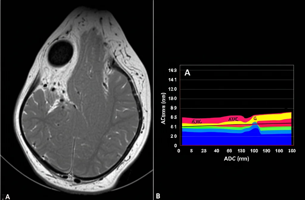 Immagine concettuale che mostra una scansione MRI sovrapposta a una rappresentazione stilizzata di tessuto fibromatoso muscoloscheletrico, con grafici ADC che indicano la risposta al trattamento, stile fotorealistico medico-scientifico, lente 50mm, profondità di campo.