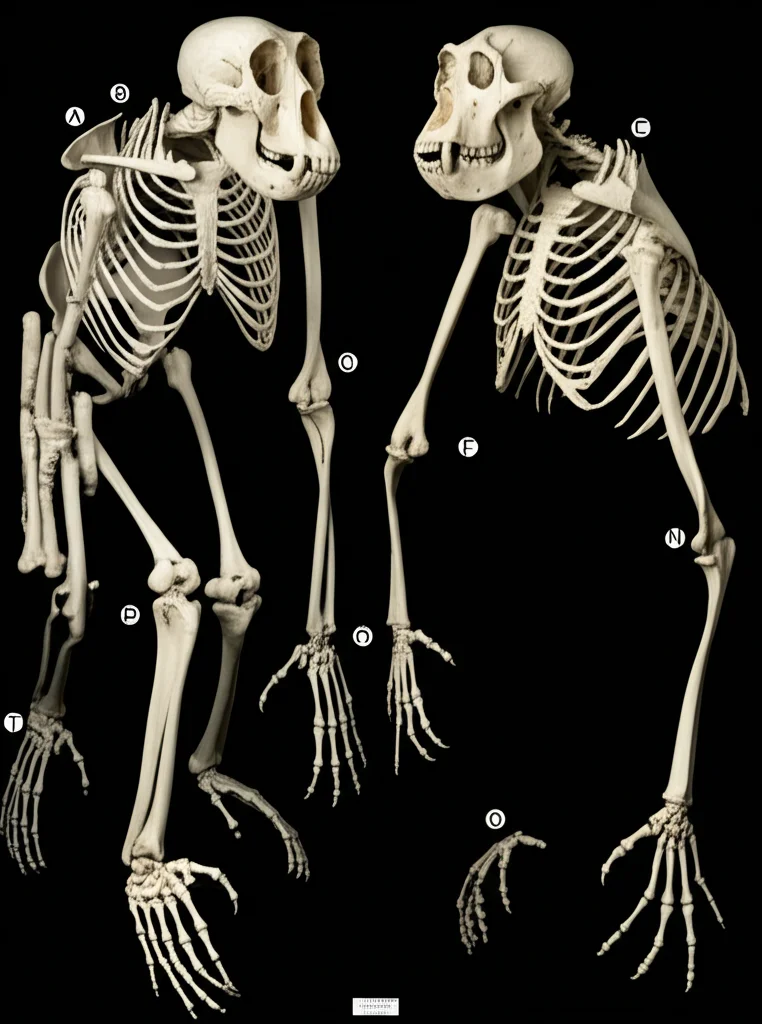 Immagine fotorealistica di un primo piano dello scheletro dell'arto anteriore di uno scimpanzé e di una scimmia non antropomorfa affiancati, illuminazione da studio controllata, lente macro 85mm, alta definizione, che simboleggia il dibattito su omologia e omoplasia nell'evoluzione dei primati.