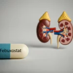 Immagine macro ad alta definizione di una capsula di Febuxostat posizionata accanto a un modello anatomico stilizzato di un rene umano sano, illuminazione da studio controllata che crea ombre morbide per enfatizzare la texture della capsula e la forma del rene, obiettivo macro 90mm, messa a fuoco selettiva sulla capsula, sfondo neutro leggermente sfocato.