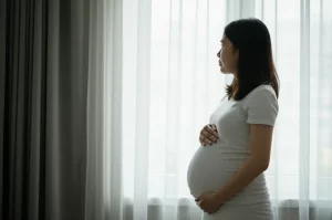Immagine simbolica di una donna incinta a termine che guarda fuori da una finestra in una stanza luminosa, luce naturale morbida che entra, espressione serena ma pensierosa sull'imminente parto, profondità di campo, lente 50mm prime, colori naturali.