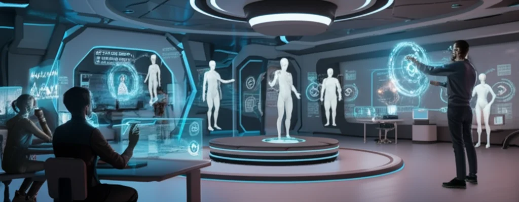 Immagine wide-angle 15mm di un'aula futuristica dove studenti diversi interagiscono con avatar digitali umani ultra-realistici proiettati olograficamente o su grandi schermi. L'ambiente è high-tech ma accogliente, con luce ambientale dinamica e interfacce utente intuitive. Focus nitido sull'interazione uomo-AI nell'educazione del futuro, suggerendo collaborazione e apprendimento personalizzato.