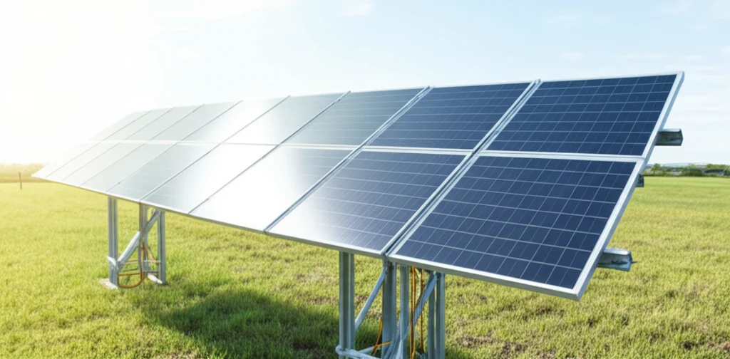 Installazione fotovoltaica avanzata con focus sul convertitore boost quadratico a tre livelli e sul sistema di controllo MPPT basato su rete neurale NARX, luce solare diretta, obiettivo grandangolare 24mm per catturare l'intero sistema, alta definizione.