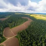 Panoramica aerea di una lussureggiante foresta temperata gestita in modo sostenibile, che mostra un mosaico di aree con alberi di diverse età, zone di recente taglio e ricrescita, e strade forestali serpeggianti. Luce solare che filtra tra le nuvole illuminando parti della foresta. Obiettivo grandangolare 18mm, alta risoluzione, colori vividi.