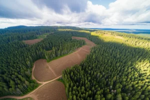 Panoramica aerea di una lussureggiante foresta temperata gestita in modo sostenibile, che mostra un mosaico di aree con alberi di diverse età, zone di recente taglio e ricrescita, e strade forestali serpeggianti. Luce solare che filtra tra le nuvole illuminando parti della foresta. Obiettivo grandangolare 18mm, alta risoluzione, colori vividi.