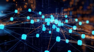 Rappresentazione artistica di una rete neurale che apprende da una rete di informazioni eterogenea (HIN) di servizi web, nodi interconnessi luminosi di diversi tipi (servizi, mashup, tag) che si trasformano in vettori di embedding compatti e ordinati, stile futuristico high-tech, obiettivo 35mm prime, profondità di campo accentuata, colori blu elettrico e arancione.