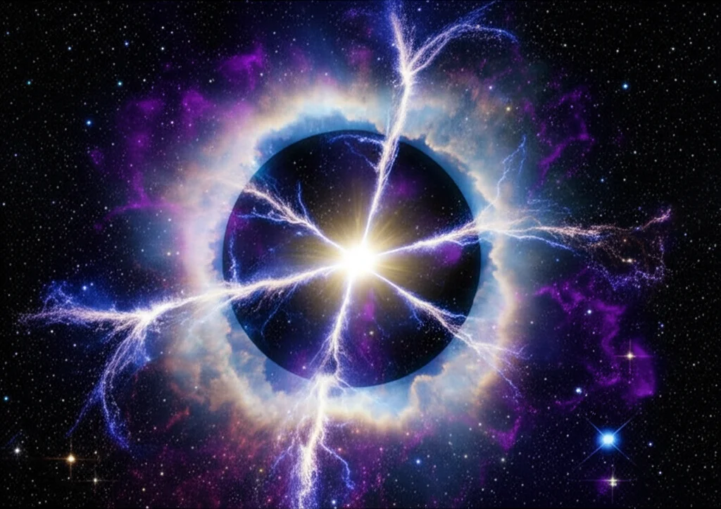 Rappresentazione fotorealistica di una stella di quark esotica nello spazio profondo, caratterizzata da una superficie densa e luminosa, circondata da un alone etereo e traslucido rappresentante la materia oscura. Deboli filamenti luminosi simili a energia collegano la stella all'alone, simboleggiando la debole interazione. Astronomical wide-angle lens, 10mm, long exposure time per catturare la luce debole dell'alone, sharp focus sulla stella, colori cosmici vibranti come blu profondi, viola e accenti dorati.