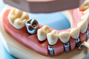 Scena in vitro di uno studio dentistico high-tech, focus su un modello mascellare edentulo con impianti All-on-4 e scan body PEEK, illuminazione controllata da laboratorio, obiettivo macro 100mm per massimo dettaglio sulla superficie degli scan body e l'angolazione degli impianti posteriori.