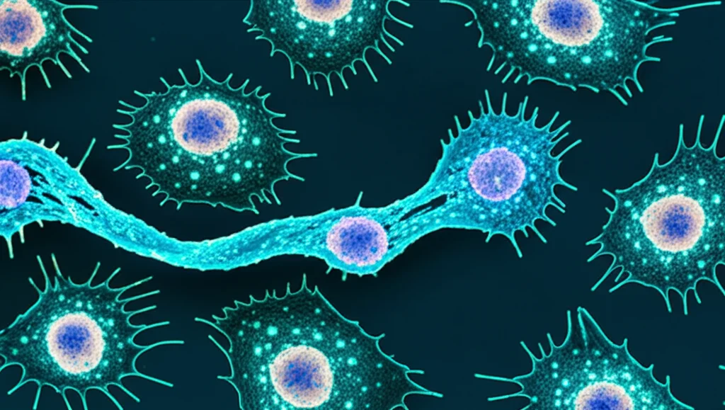 Vista macro con obiettivo da 85mm di un segmento di filamento di DNA luminoso etichettato 'ADCYAP1', intrecciato con rappresentazioni astratte di cellule tumorali e linfociti T all'interno di una piastra di Petri. Alto dettaglio, illuminazione controllata da laboratorio, concetto di biomarker.