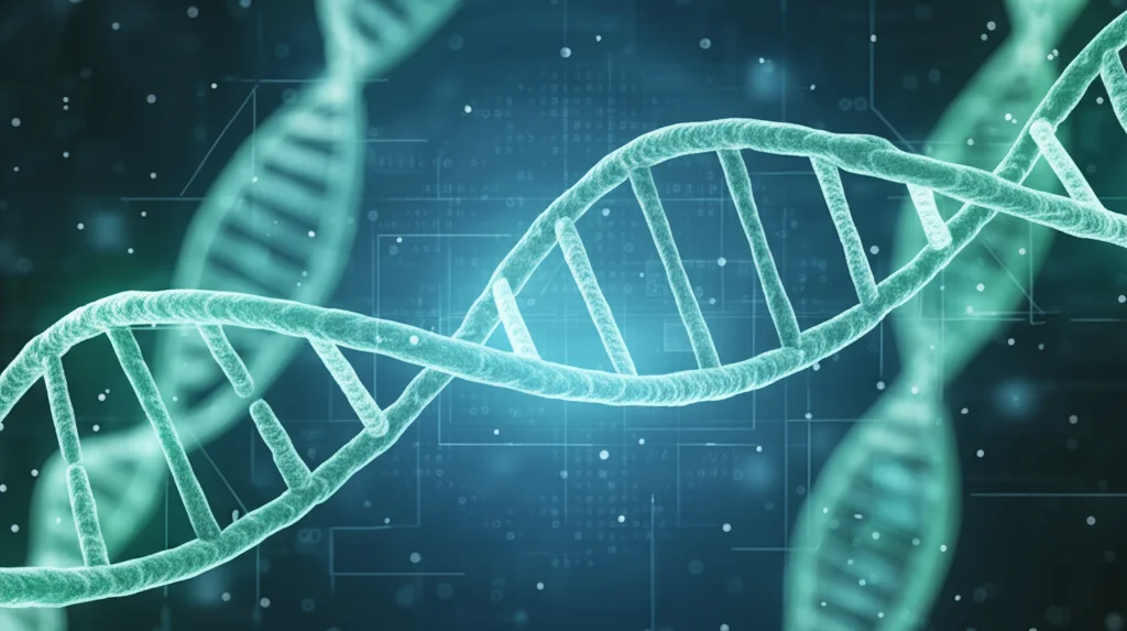 Cervello AI stilizzato sovrapposto a una doppia elica di DNA luminosa, rappresentazione dell'intelligenza artificiale applicata alla biologia, prime lens, 35mm, depth of field, blu e verde duotone.