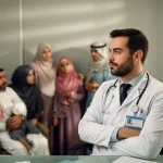 Fotografia realistica stile reportage, un medico in Giordania guarda pensieroso fuori dalla finestra del suo studio, sullo sfondo sfocato un paziente e la sua famiglia attendono, obiettivo 50mm, luce naturale filtrata, atmosfera riflessiva, colori tenui.