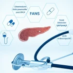 Illustrazione concettuale della prevenzione della pancreatite post-ERCP: un endoscopio stilizzato vicino al pancreas, circondato da icone rappresentanti una supposta (FANS), una flebo (idratazione) e uno stent. Obiettivo 50mm, illuminazione drammatica ma chiara, alta definizione, sfondo medico astratto.