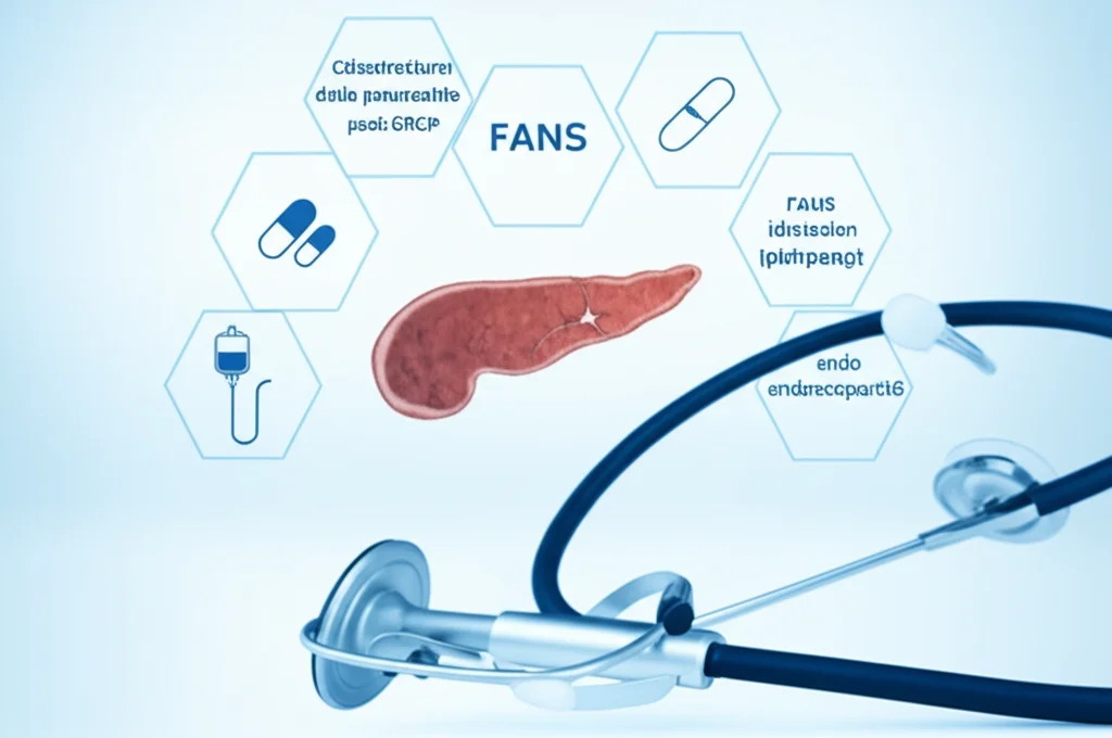 Illustrazione concettuale della prevenzione della pancreatite post-ERCP: un endoscopio stilizzato vicino al pancreas, circondato da icone rappresentanti una supposta (FANS), una flebo (idratazione) e uno stent. Obiettivo 50mm, illuminazione drammatica ma chiara, alta definizione, sfondo medico astratto.