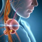 Immagine astratta e high-tech di una visualizzazione 3D del plesso nervoso pelvico maschile sovrapposta a un ritratto sfocato di un uomo pensieroso. Evoca la complessità chirurgica dell'eTME e l'impatto sulla vita del paziente oncologico. Illuminazione controllata, dettagli elevati.