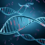 Immagine concettuale di un campione di sangue analizzato al microscopio, dove filamenti luminosi rappresentano il ctDNA, simbolo di diagnosi precoce e monitoraggio nel cancro gastro-esofageo. Macro lens, 100mm, high detail, precise focusing, controlled lighting, sfondo scuro con riflessi bluastri.