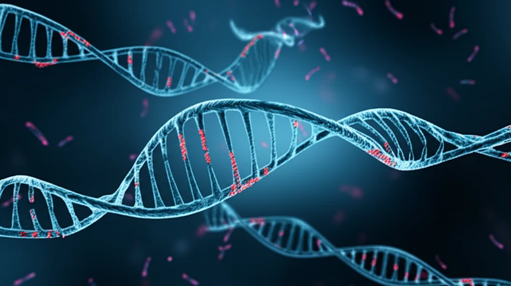 Immagine concettuale di un campione di sangue analizzato al microscopio, dove filamenti luminosi rappresentano il ctDNA, simbolo di diagnosi precoce e monitoraggio nel cancro gastro-esofageo. Macro lens, 100mm, high detail, precise focusing, controlled lighting, sfondo scuro con riflessi bluastri.