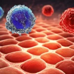 Immagine concettuale di un farmaco (filanesib) che attacca selettivamente le cellule tumorali dell'epatoblastoma, rappresentate come sfere irregolari, lasciando intatte le cellule sane del fegato, rappresentate come esagoni regolari. Visualizzazione microscopica stilizzata, alta definizione, illuminazione drammatica che evidenzia l'azione del farmaco.