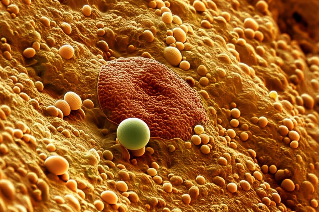 Immagine fotorealistica al microscopio elettronico che mostra cellule di carcinoma epatocellulare (HCC) con funghi del genere *Malassezia* che infiltrano il tessuto tumorale. Obiettivo ad alta magnificazione, illuminazione laterale per creare profondità e dettaglio sulle strutture cellulari e fungine, messa a fuoco selettiva sul fungo *Malassezia*.