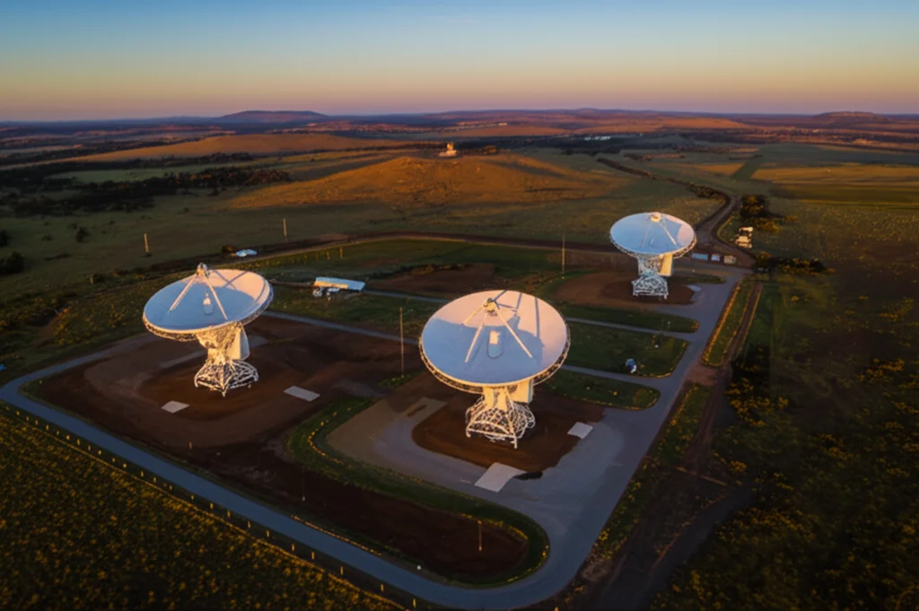 Immagine fotorealistica della rete di radiotelescopi AuScope VLBI in Australia (Hobart, Katherine, Yarragadee). Vista aerea al tramonto che mostra i tre telescopi da 12 metri puntati verso il cielo. Dettagli nitidi sulle antenne e sul paesaggio circostante. Wide-angle lens, 20mm, sharp focus, controlled lighting per enfatizzare le strutture.