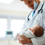 Medico pediatra che tiene in braccio con cura un neonato in una stanza d'ospedale luminosa. L'immagine trasmette empatia e professionalità. Obiettivo 50mm, profondità di campo ridotta per focalizzare sui soggetti, luce naturale morbida.