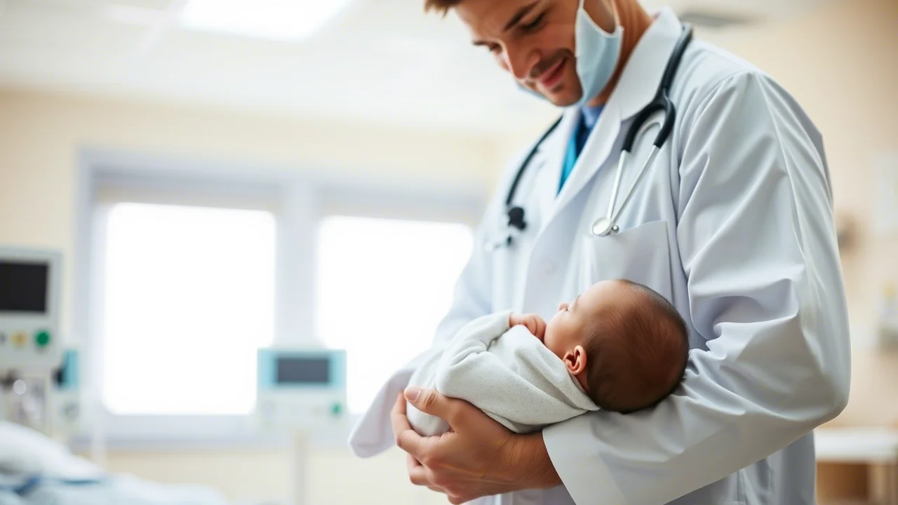 Medico pediatra che tiene in braccio con cura un neonato in una stanza d'ospedale luminosa. L'immagine trasmette empatia e professionalità. Obiettivo 50mm, profondità di campo ridotta per focalizzare sui soggetti, luce naturale morbida.