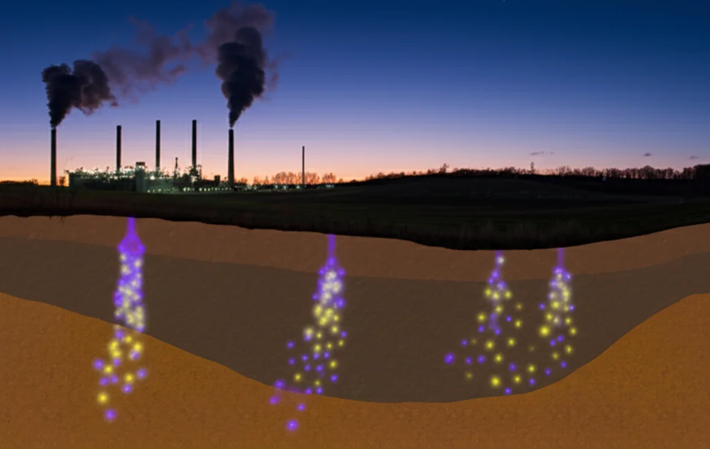 Paesaggio grandangolare, 15 mm, focus acuto, lunga esposizione, che mostra una sezione trasversale di una falda acquifera sotterranea sotto un paesaggio delicatamente industriale al crepuscolo. Le linee luminose indicano pennacchi di contaminanti (nitrato, uranio - visualizzati come deboli bagliori viola/gialli) che interagiscono con comunità microbiche visualizzate come cluster bioluminescenti diversi e deboli, alcuni densi (alta contaminazione, bassa diversità tassonomica ma funzioni specifiche), altri spazi (bassa contaminazione, maggiore diversità).