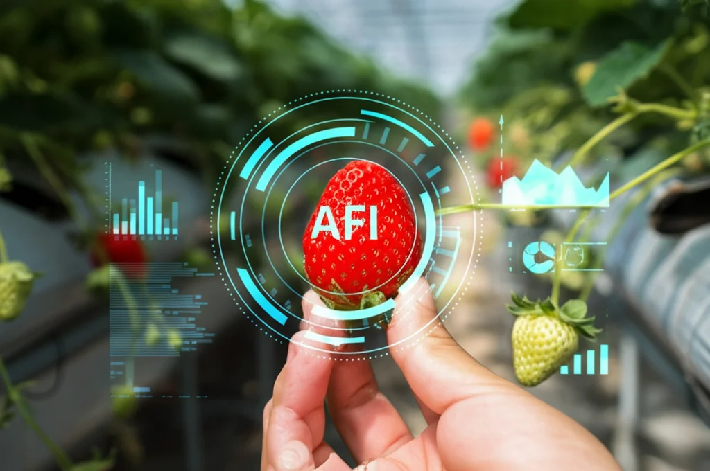 Primo piano fotorealistico di una fragola rossa matura tenuta in mano, con sovrapposizione digitale futuristica che suggerisce analisi AI. Sfondo di serra moderna. Lente prime 50mm, profondità di campo, alto dettaglio.