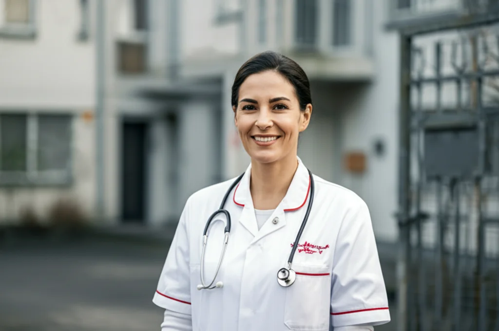 Ritratto fotografico professionale di un'operatrice socio-sanitaria (OSS) sorridente e fiduciosa, in divisa, all'aperto vicino all'ingresso di un'abitazione. Obiettivo prime 50mm, luce naturale morbida, sfondo leggermente sfocato (profondità di campo), stile fotogiornalistico.