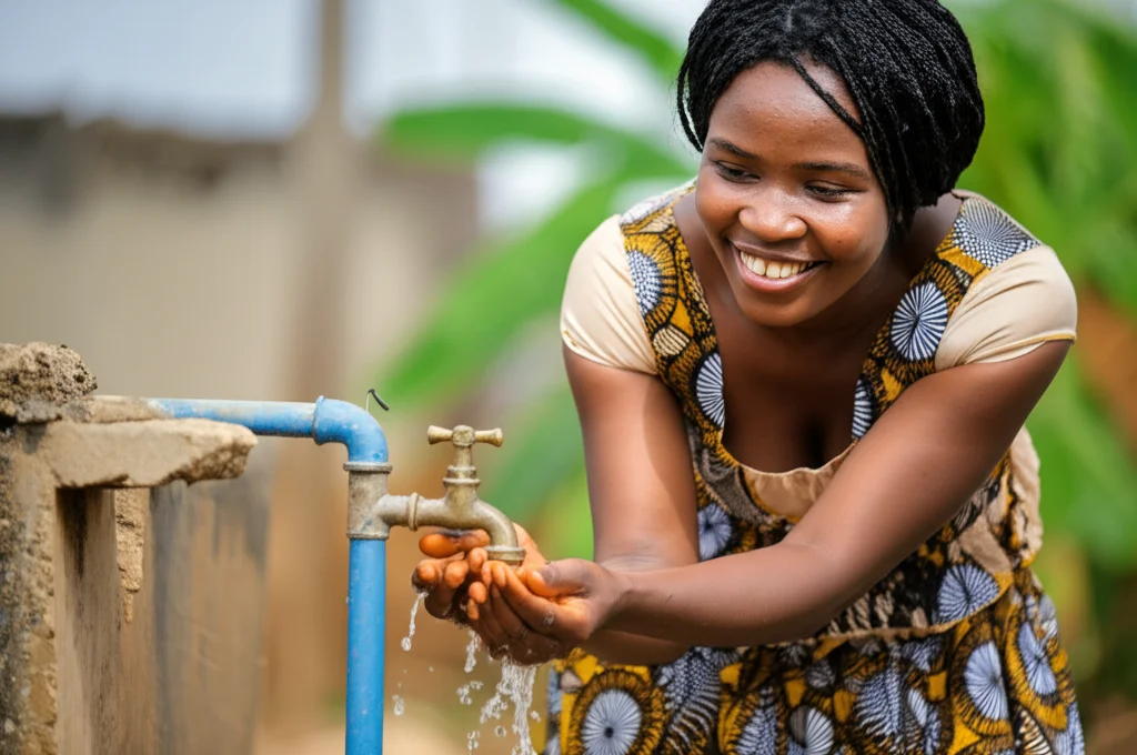Immagine fotorealistica stile ritratto, obiettivo 50mm, di una donna nigeriana che sorride mentre apre un rubinetto da cui sgorga acqua pulita, simboleggiando l'impatto positivo della filantropia sull'accesso all'acqua nel sud-ovest della Nigeria, profondità di campo, luce solare.